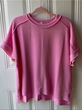 Zenana Outfitters Pink Waffle Knit Short Sleeve Top